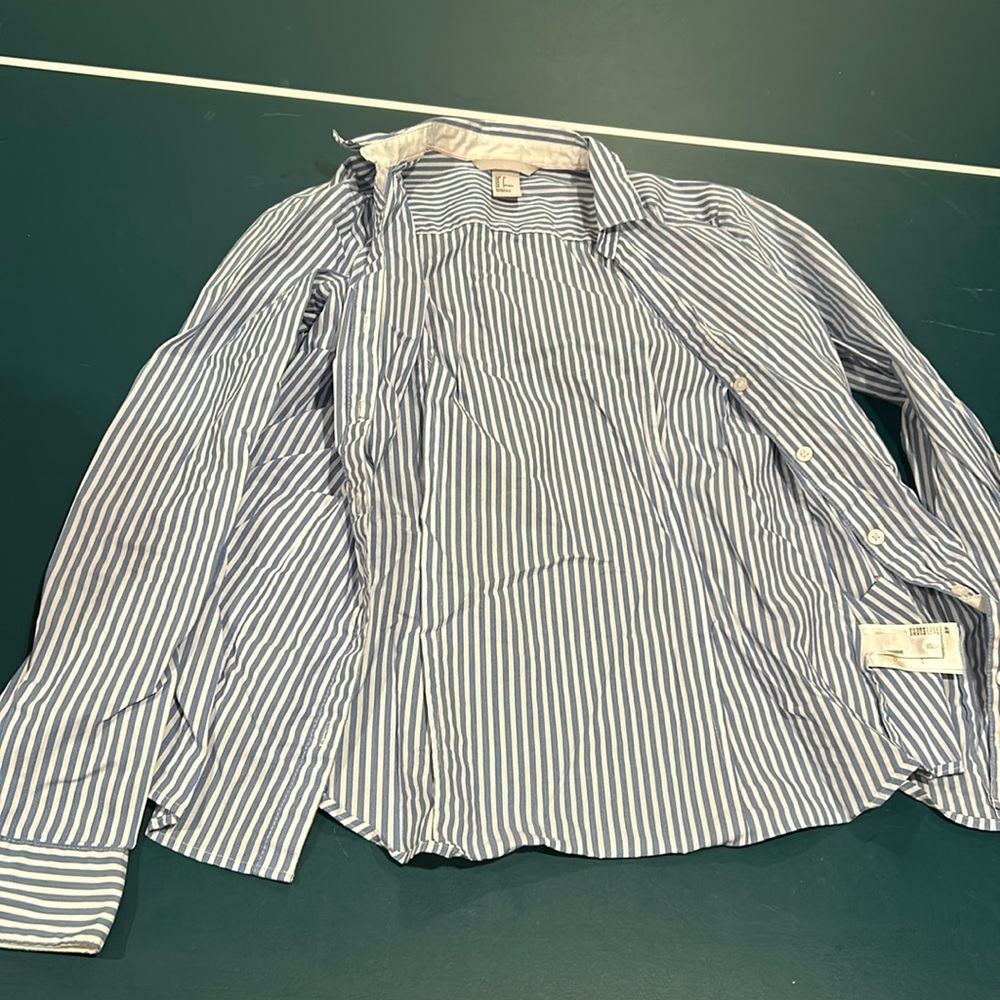 Button down blue and white striped